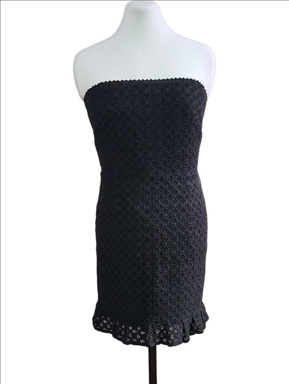 SANDRO Black eyelet embroidered floral strapless bodycon mini dress